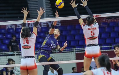 <p><strong>LADY BULLDOGS WIN. </strong>National University's Alyssa Solomon scores off Emilio Aguinaldo College's Florence Jane Domo (No. 14) and Achellis Lepiten in the 2024 Shakey’s Super League Collegiate Pre-Season Championships at Rizal Memorial Coliseum in Manila on Friday (Oct. 11, 2024). The Lady Bulldogs won, 25-15, 25-7, 25-13, for their second win and a share of the Pool A lead. <em>(Contributed photo)  </em></p>