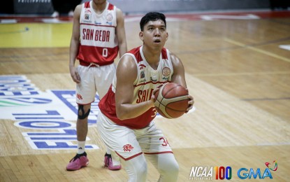 <p><strong>SEVENTH WIN</strong>. San Beda University's Bismarck Lina makes a free throw during their game against Arellano University in the National Collegiate Athletics Association Season 100 men's basketball at FilOil EcoOil Centre in San Juan City on Saturday (Oct. 12, 2024). The Red Lions won, 79-65.<em> (NCAA photo)</em></p>