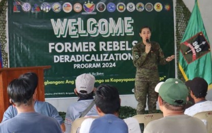 <p><strong>RENEWAL PROGRAM</strong>. Former rebels listen to the lecture given by Capt. Richelle Arambuyong, 903rd Infantry Brigade Civil Military Operation (CMO) officer, during a three-day deradicalization program of the military in Daraga, Albay in this undated photo.  At least 50 former rebels from Albay and Sorsogon participated in the activity.<em> (Photo courtesy of 903rd Infantry Brigade) </em></p>