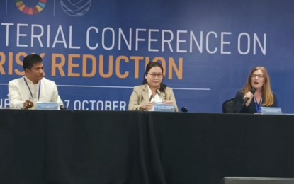 <p><strong>WOMEN IN DISASTER RISK REDUCTION.</strong> ActionAid Australia chief executive officer Michelle Higgelin (right) discusses the impact of natural disasters on women and children, during a press conference at the ongoing 2024 Asia-Pacific Ministerial Conference on Disaster Risk Reduction (APMCDRR) in Pasay City on Tuesday (Oct. 15, 2024). With her are (from left) Zamboanga del Sur Disaster Risk Reduction officer Noriben Jay Luguban and Can Tho University representative Nguyen An Minh. <em>(PNA photo by Ma. Teresa P. Montemayor)</em></p>