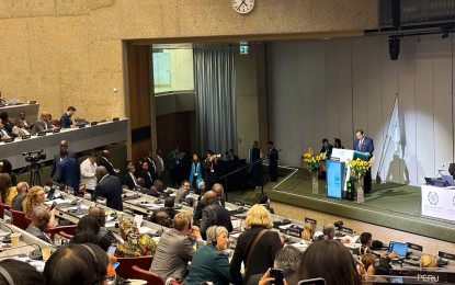 <p><strong>PH INNOVATION AGENDA</strong>. House of Representatives Speaker Ferdinand Martin Romualdez (on stage) highlights the strides the Philippines has taken in the areas of science, technology, and innovation under the leadership of President Ferdinand R. Marcos Jr., at the opening session of the 149th Inter-Parliamentary Union (IPU) Assembly at the International Conference Center in Geneva, Switzerland Monday night (Oct. 14, 202, Manila time). He said the President and Congress have been taking steps to promote science, technology, and innovation to sustain the nation’s development. <em>(Photo courtesy of Office of the Speaker)</em></p>