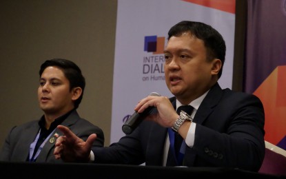 <p><strong>ANTI-TRAFFICKING.</strong> Justice Undersecretary Nicholas Ty (right) and Assistant Secretary Mico Clavano during a press briefing at the sidelines of the 2nd regional meeting of Southeast Asia National Anti-Trafficking Committee at the Diamond Hotel in Manila on Tuesday (Oct. 15, 2024). Ty assured that the Philippine government will provide necessary legal assistance to the 13 Filipinas who were trafficked in Cambodia and forced into a surrogacy scheme. <em>(PNA photo by Ben Pulta)</em></p>