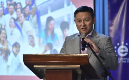 <p><strong>ADDRESSING EDUCATION CHALLENGES.</strong> Education Secretary Sonny Angara cites the government's renewed focus on improving the basic education sector, during the meeting of the European Chamber of Commerce of the Philippines at the Dusit Thani Hotel in Makati on Wednesday (Oct. 16, 2024). Angara also lauded the private sector for partnering with the Department of Education to address challenges in the education system. <em>(Photo courtesy of DepEd PH)</em></p>