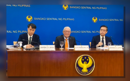 <p><strong>RATE CUT.</strong> Bangko Sentral ng Pilipinas (BSP) Assistant Governor of the Monetary Policy Sub-sector Zeno Abenoja, BSP Governor Eli Remolona Jr., and BSP Department of Economic Research Officer-in Charge Dennis Lapid (from left to right) during the Monetary Policy briefing held at the BSP office in Manila on Wednesday (Oct. 16, 2024). The central bank further reduced policy rates by 25 basis points. <em>(PNA photo by Anna Leah Gonzales)</em></p>