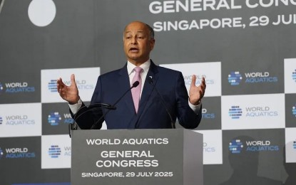 <p><strong>SWIMMING TILT.</strong> World Aquatics president Husain Al Musallam announces Beijing as host of the 2026 World Aquatics Swimming Championships (25m), at the General Congress in Singapore on Tuesday (July 29, 2025). The Congress is taking place alongside the World Aquatics Championship and World Aquatics Masters Championships. <em>(Photo courtesy of World Aquatics)</em></p>