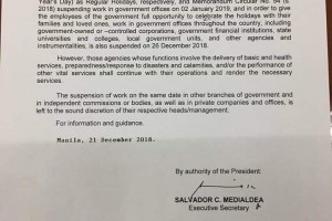 Palace suspends gov’t work on Dec. 26
