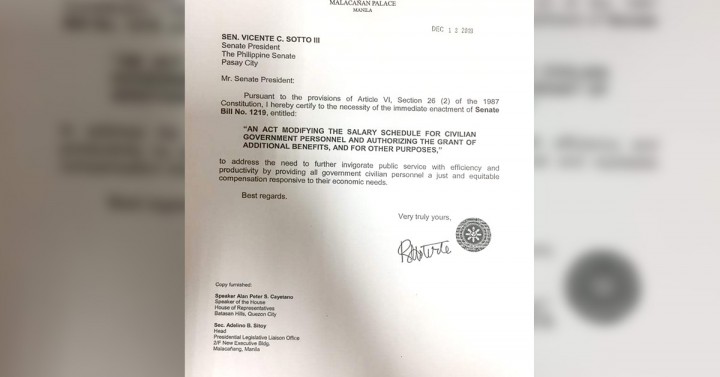 Duterte Certifies As Urgent Bill Raising Govt Workers Salary Philippine News Agency 0129