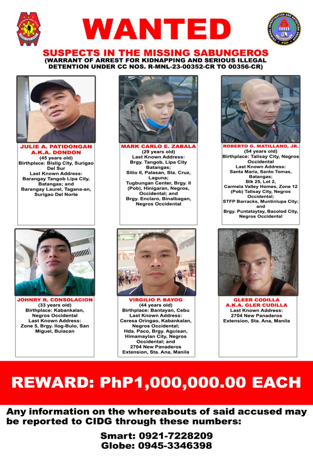 Wanted poster of 6 suspects in missing cockfighters out Philippine