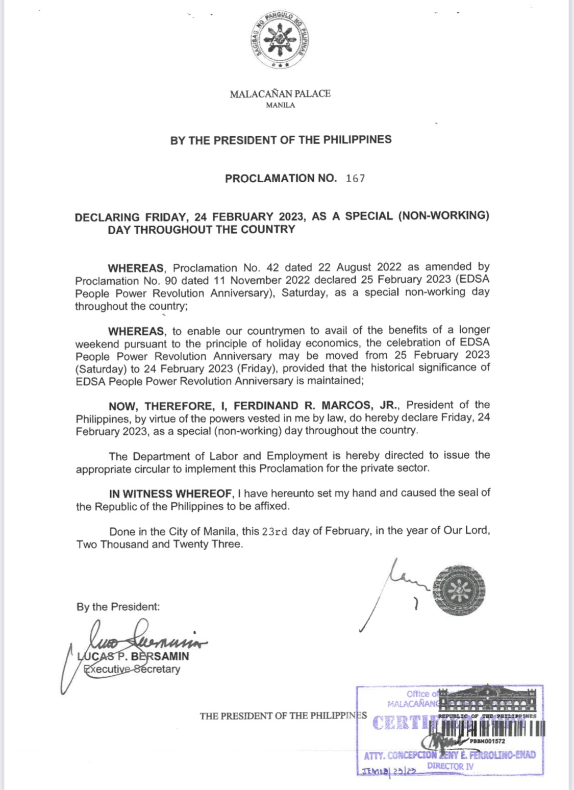 Feb 24 2024 Holiday Philippines Proclamation Gracia Samara